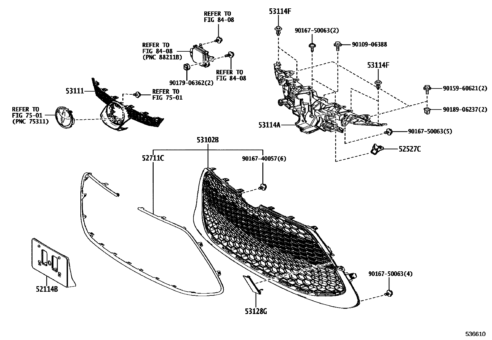 Toyota COROLLA radiator grille EPC diagram — 536610