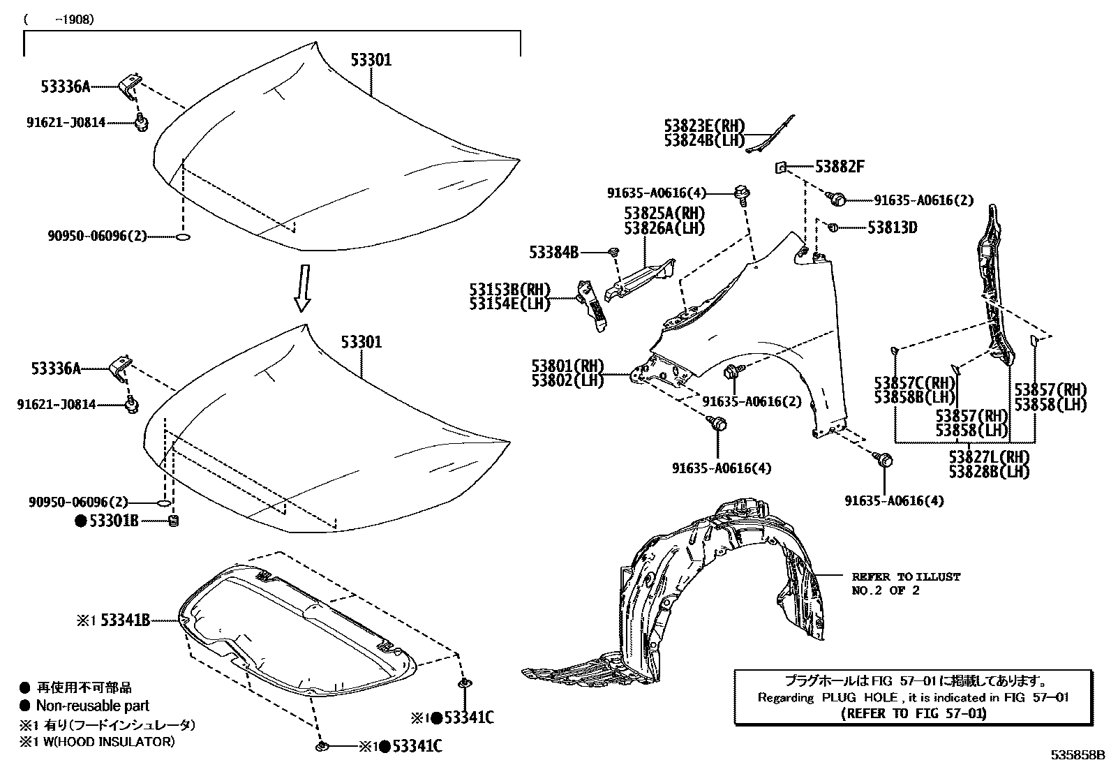 Toyota COROLLA 发动机盖和前翼子板 EPC diagram — 535858B
