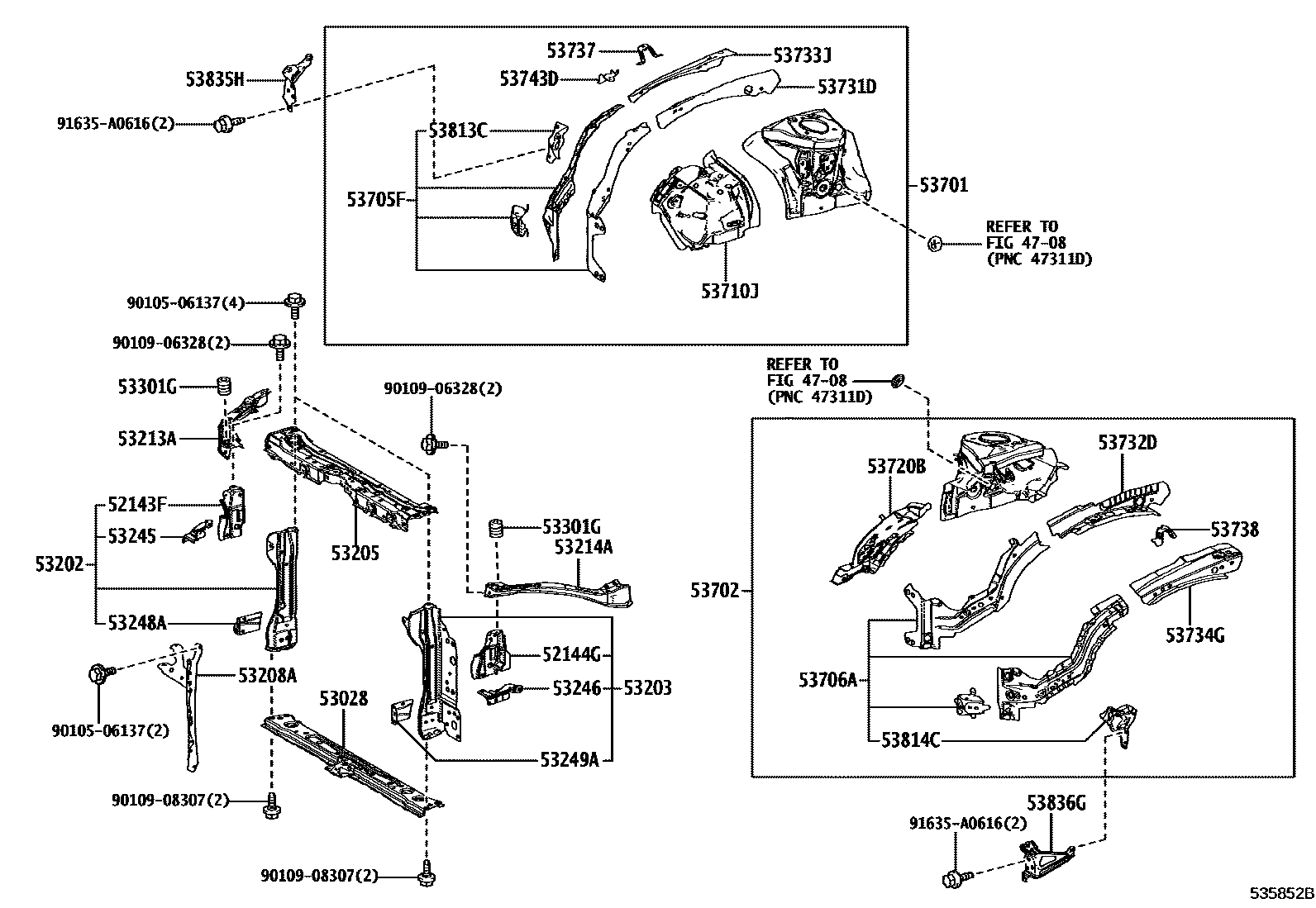 Toyota COROLLA 前翼子板挡泥板和前围板 EPC diagram — 535852B