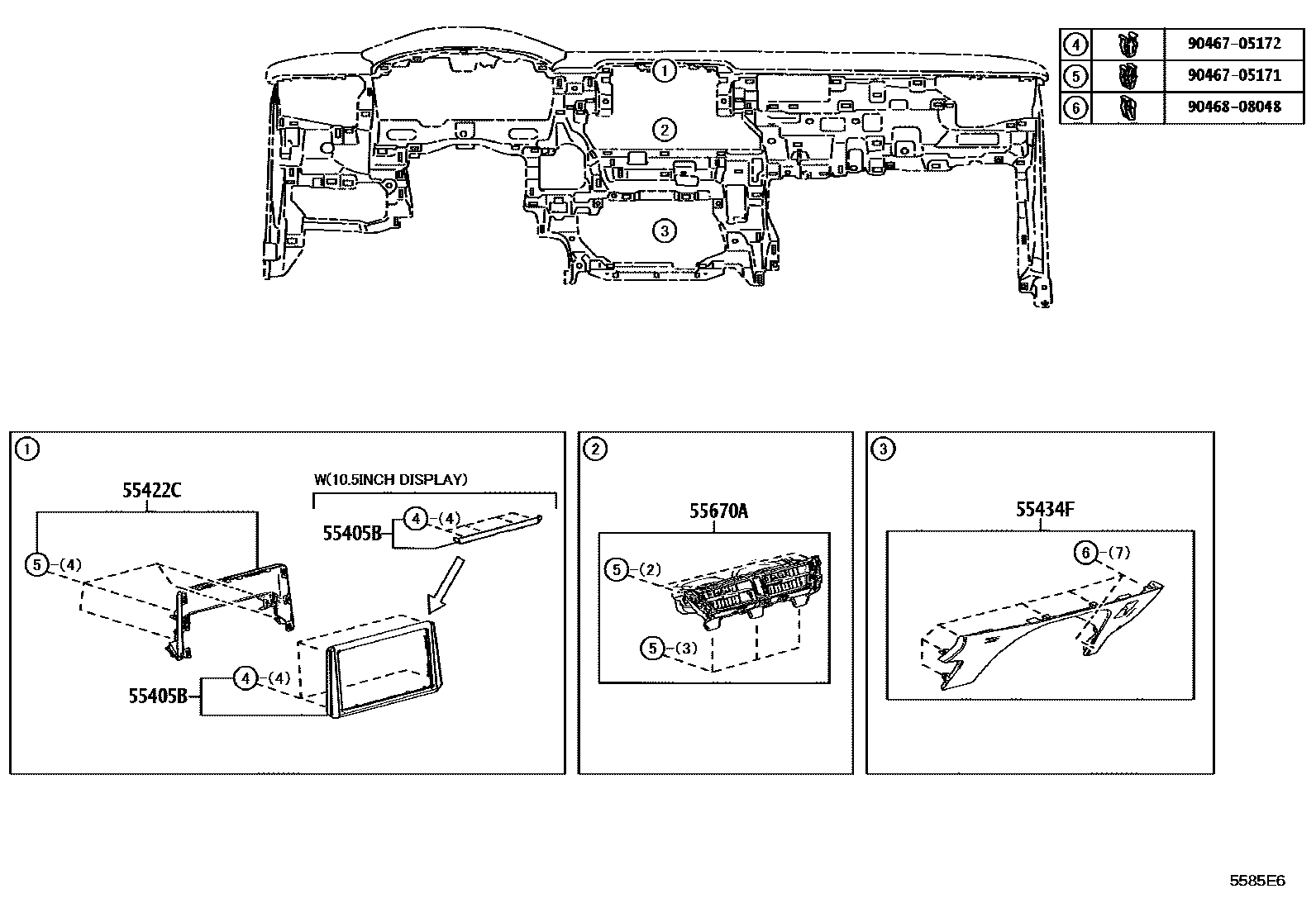 Toyota COROLLA 仪表板和手套箱 EPC diagram — 5585E6