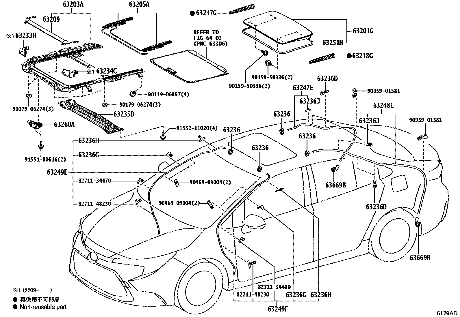 Toyota COROLLA 天窗板和背窗玻璃 EPC diagram — 6179AD