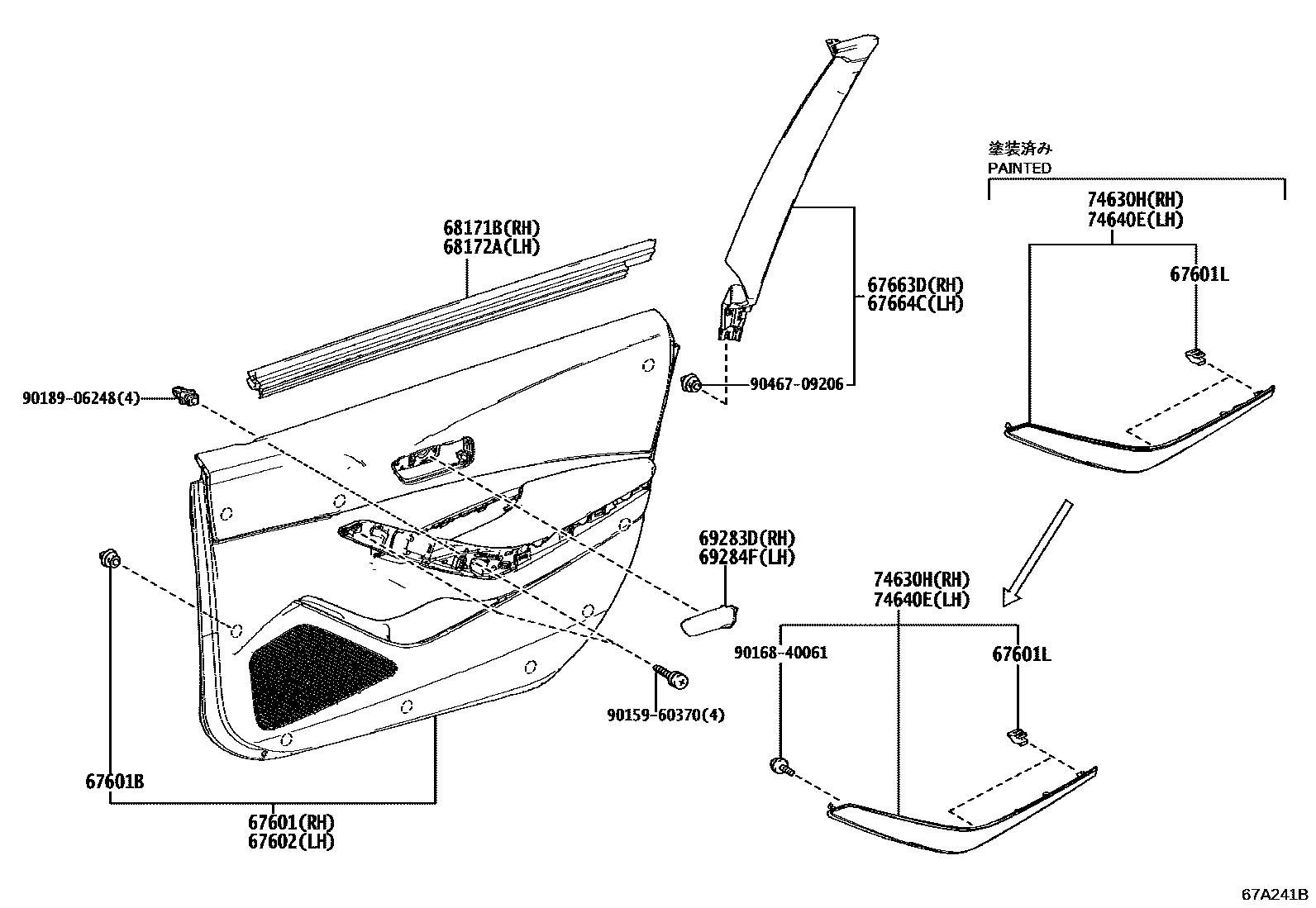 Toyota COROLLA 前门板和前门玻璃 EPC diagram — 67A241B