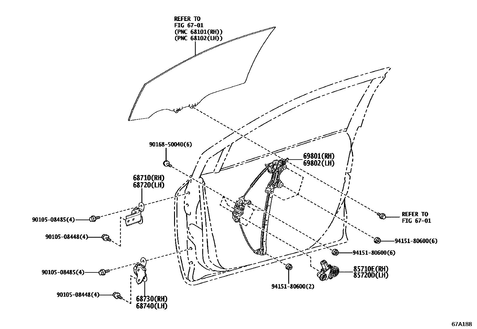 Toyota COROLLA 前门车窗升降器和合页 EPC diagram — 67A188