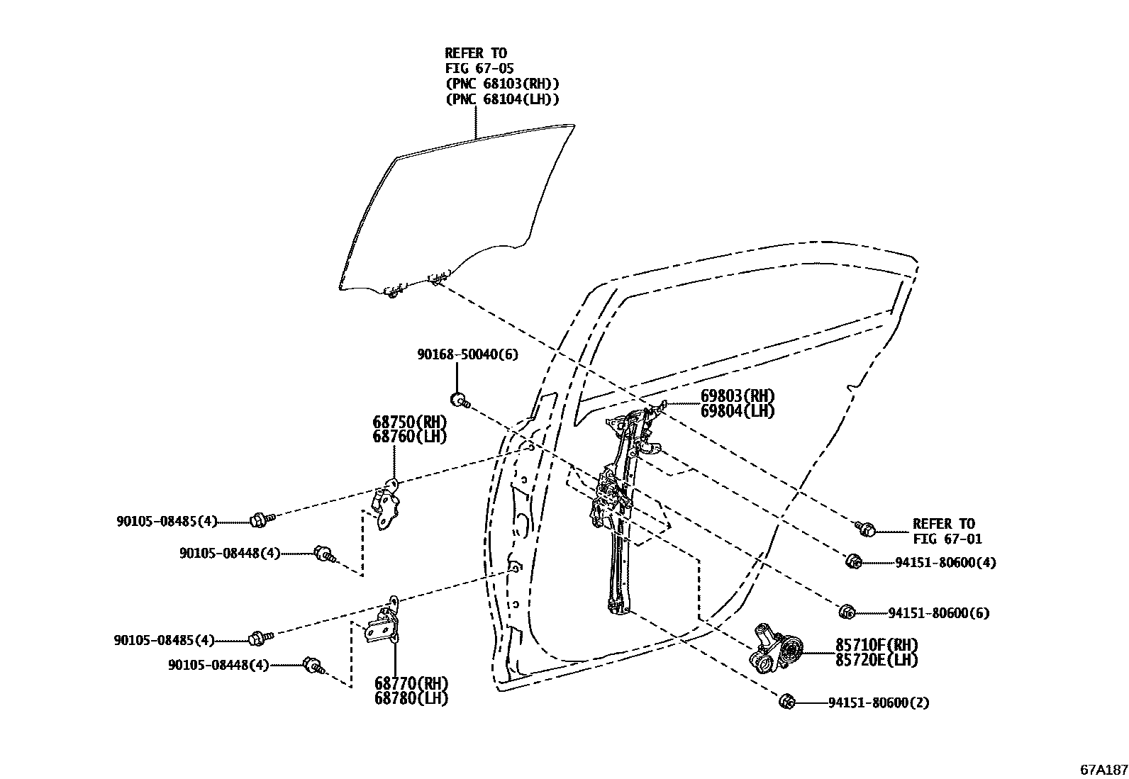 Toyota COROLLA 后门车窗升降器和合页 EPC diagram — 67A187