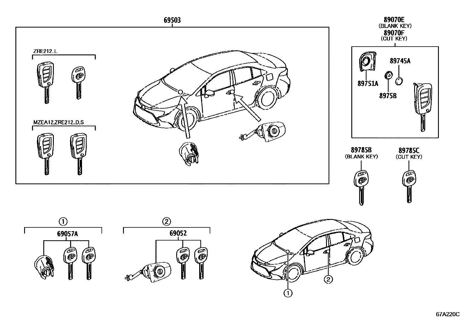 Toyota COROLLA 锁芯组件 EPC diagram — 67A220C