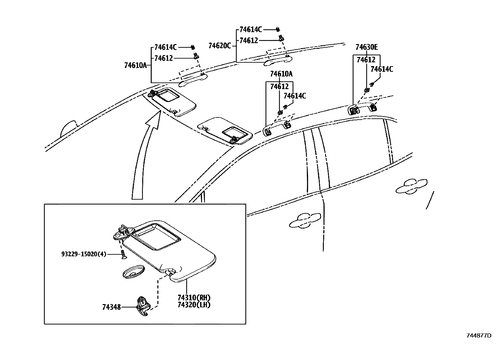 Toyota COROLLA 扶手和遮阳板 EPC diagram — 744877D