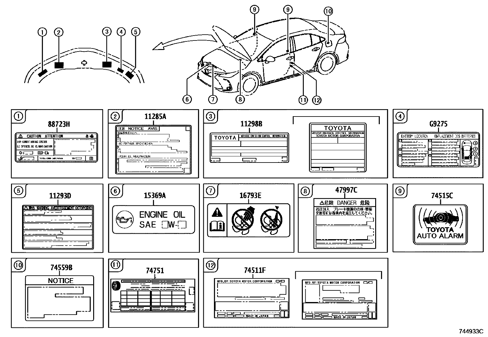 Toyota COROLLA 警示铭牌(车外和车内) EPC diagram — 744933C