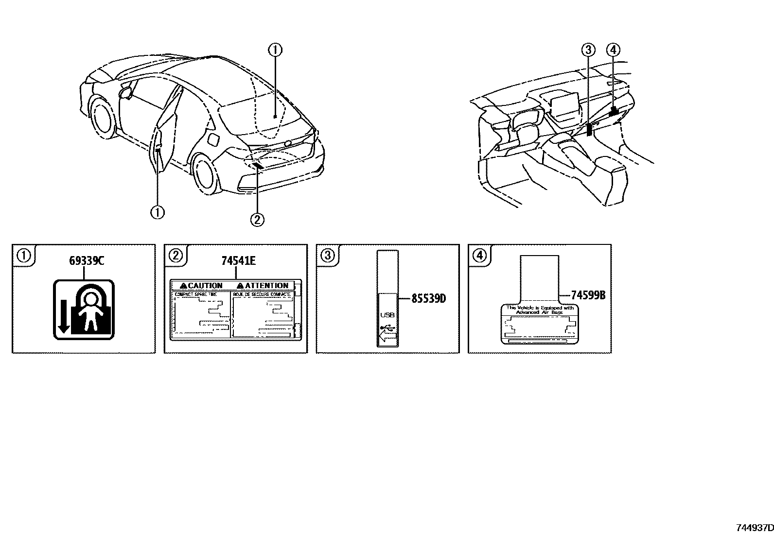 Toyota COROLLA 警示铭牌(车外和车内) EPC diagram — 744937D