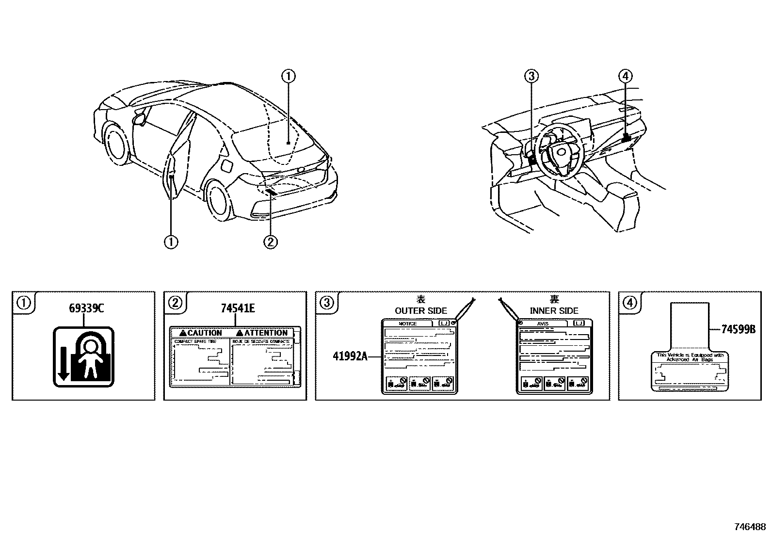 Toyota COROLLA 警示铭牌(车外和车内) EPC diagram — 746488