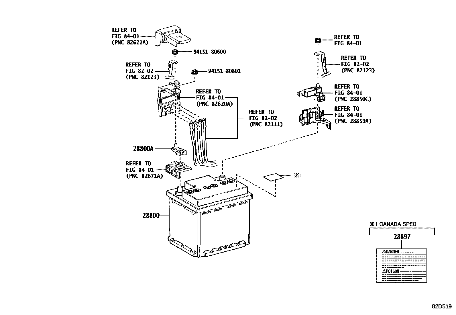 Toyota COROLLA 蓄电池和蓄电池电缆 EPC diagram — 82D519