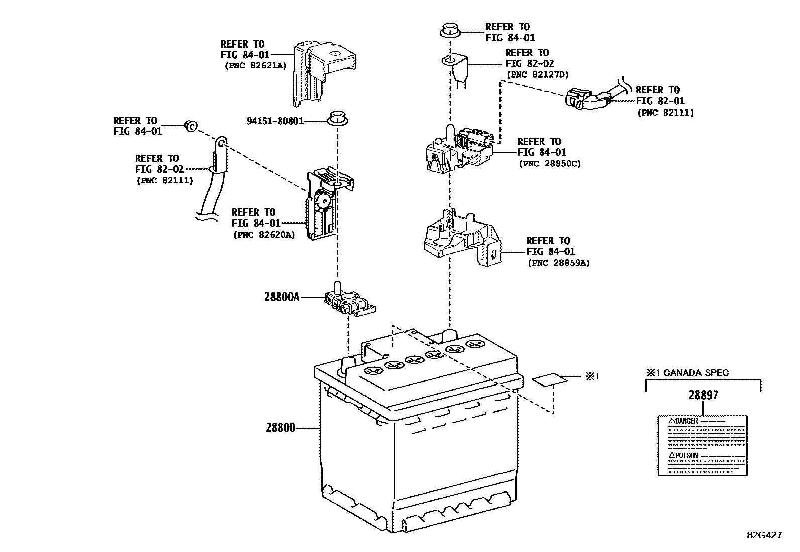 Toyota COROLLA 蓄电池和蓄电池电缆 EPC diagram — 82G427