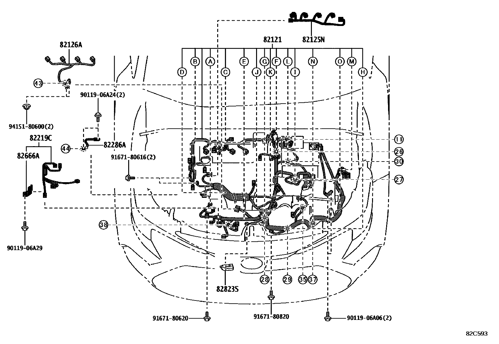 Toyota COROLLA 线束和卡夹 EPC diagram — 82C593