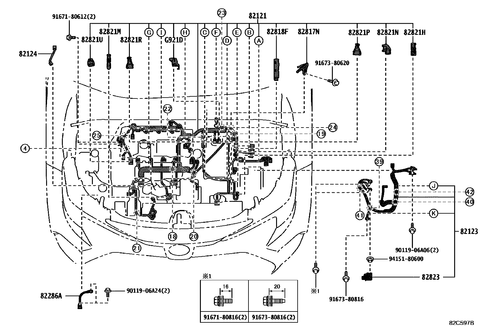 Toyota COROLLA 线束和卡夹 EPC diagram — 82C597B