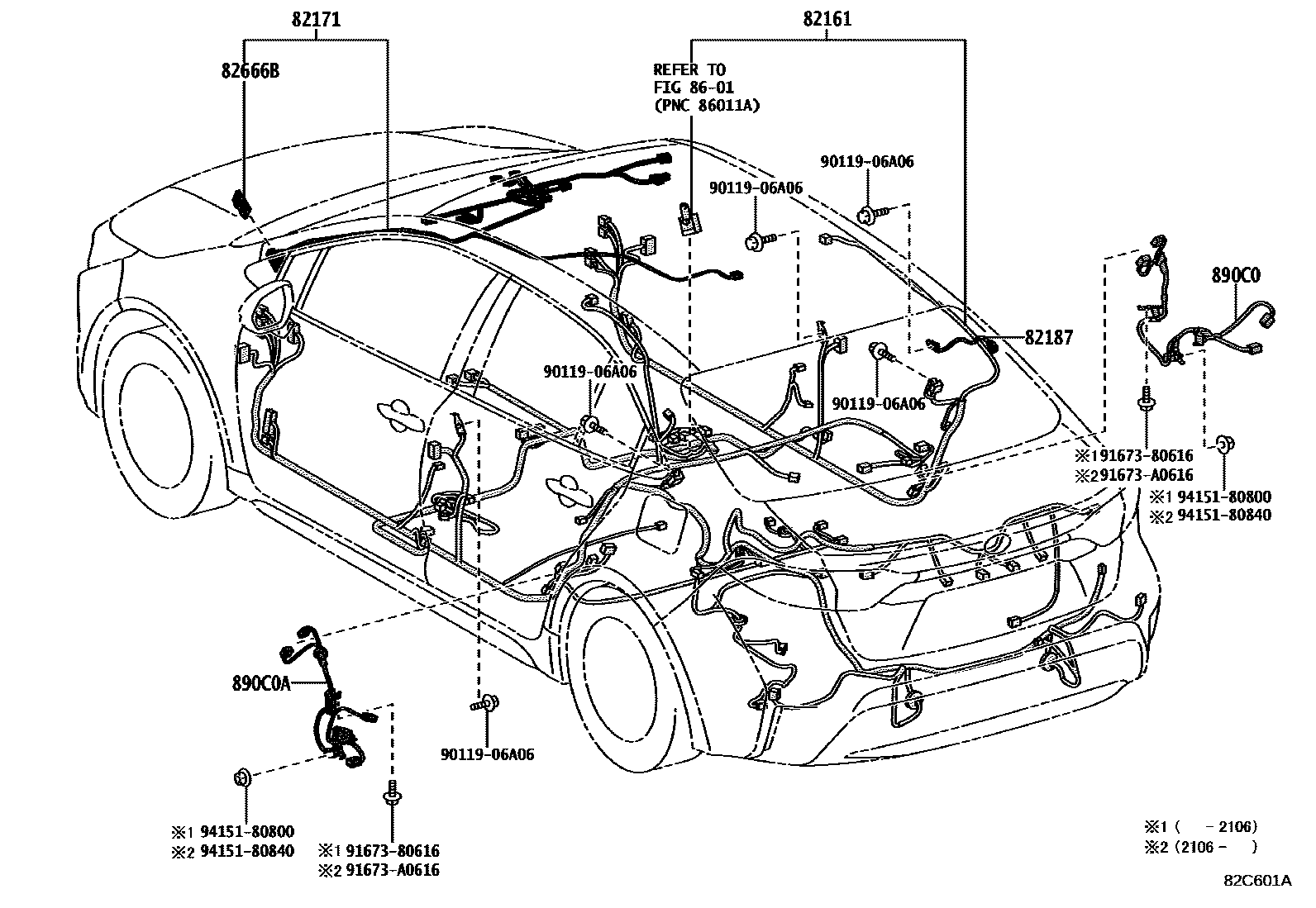 Toyota COROLLA 线束和卡夹 EPC diagram — 82C601A