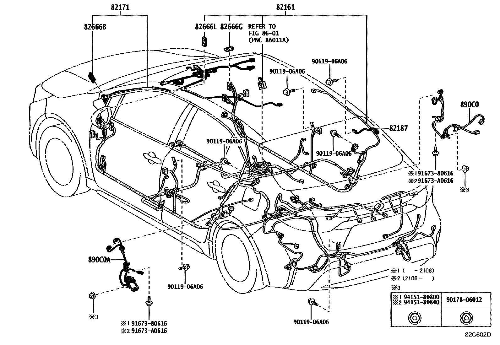 Toyota COROLLA 线束和卡夹 EPC diagram — 82C602D