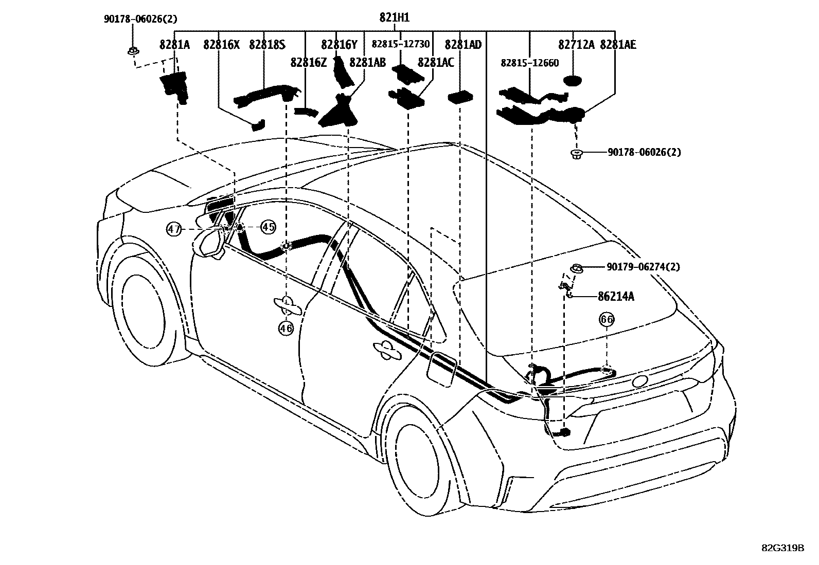 Toyota COROLLA 线束和卡夹 EPC diagram — 82G319B