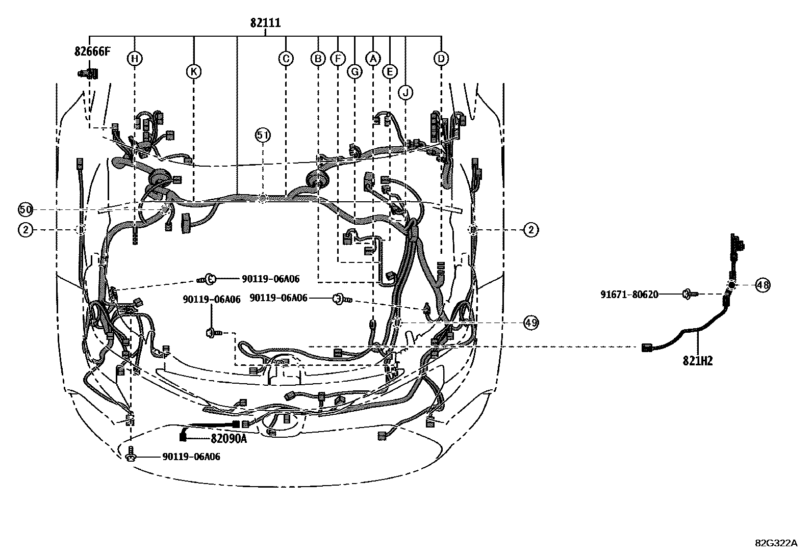 Toyota COROLLA 线束和卡夹 EPC diagram — 82G322A