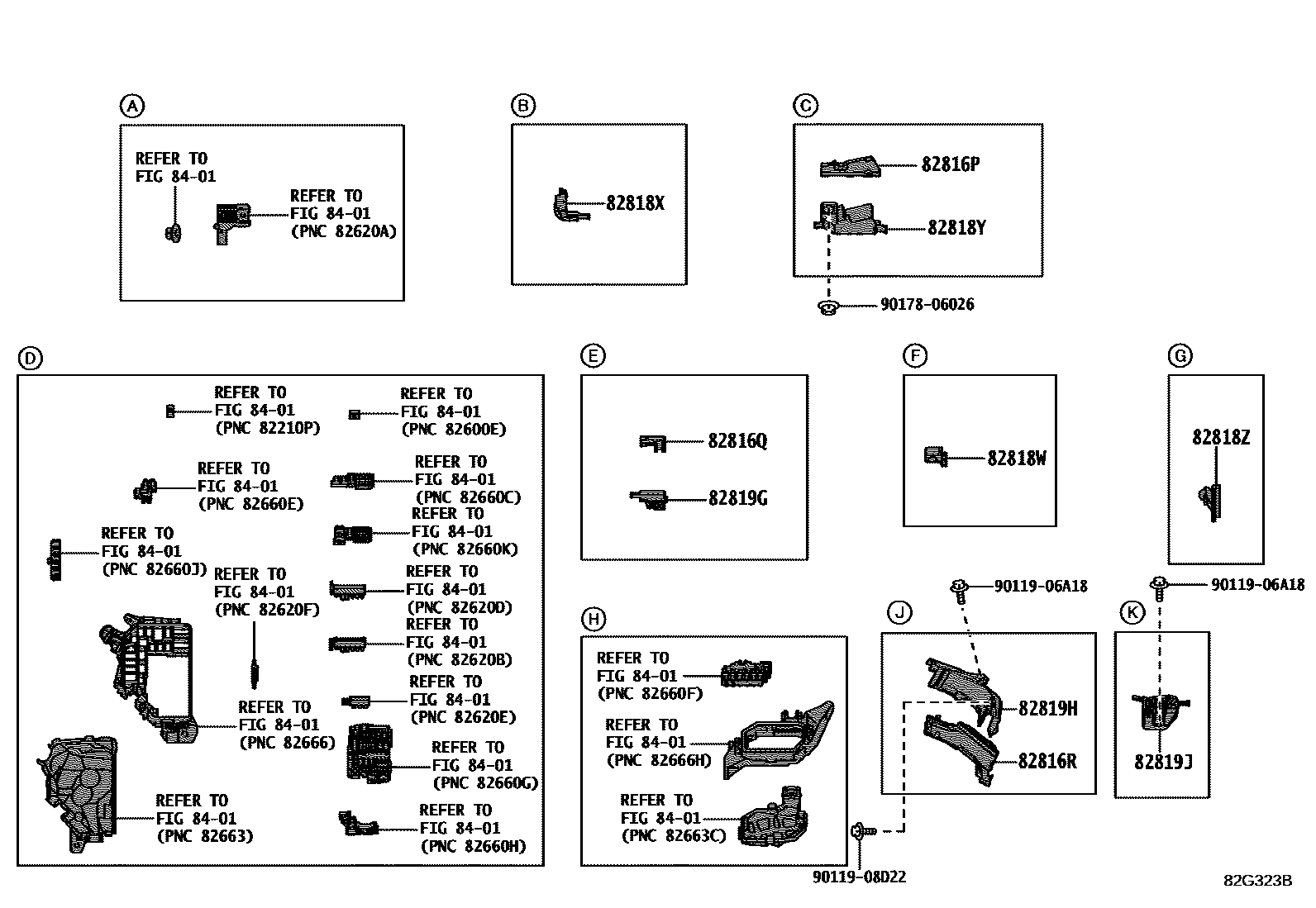 Toyota COROLLA 线束和卡夹 EPC diagram — 82G323B
