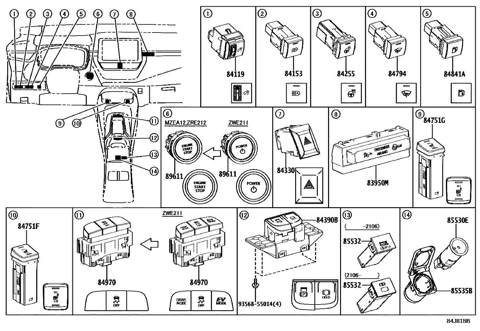 Toyota COROLLA 开关和继电器和ECU EPC diagram — 84J818B
