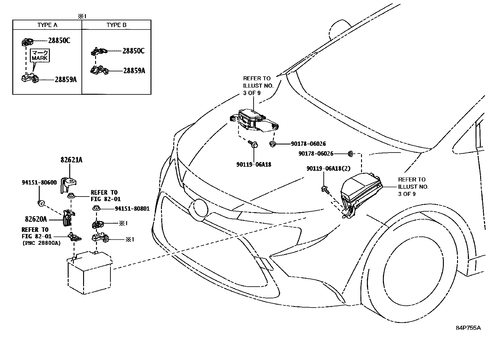 Toyota COROLLA 开关和继电器和ECU EPC diagram — 84P755A