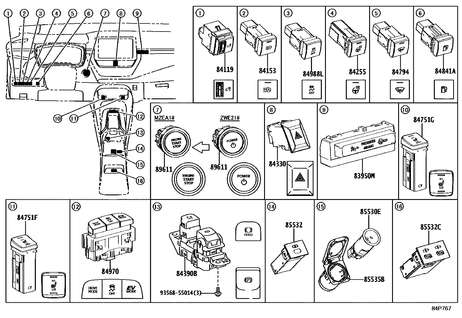 Toyota COROLLA 开关和继电器和ECU EPC diagram — 84P767