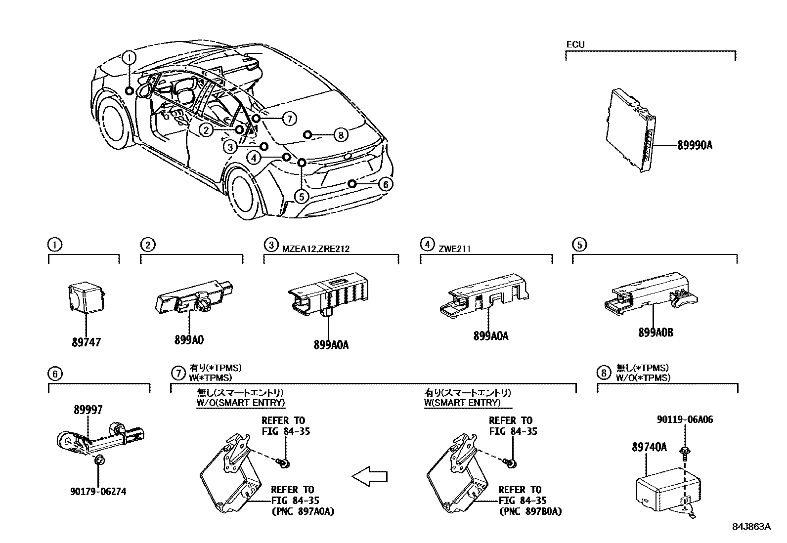 Toyota COROLLA 遥控门锁 EPC diagram — 84J863A