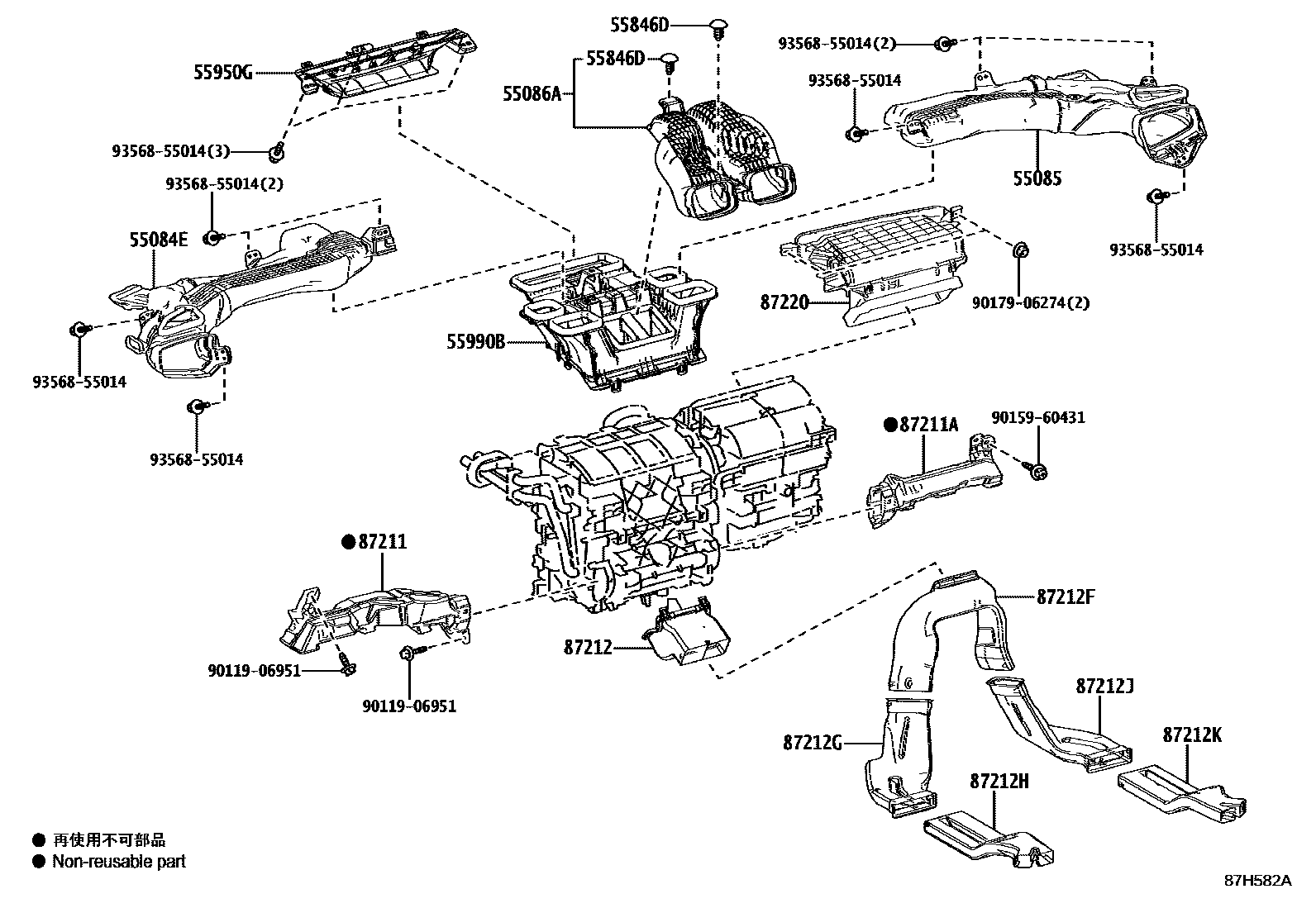 Toyota COROLLA 暖风和空调系统 - 控制器和风管 EPC diagram — 87H582A