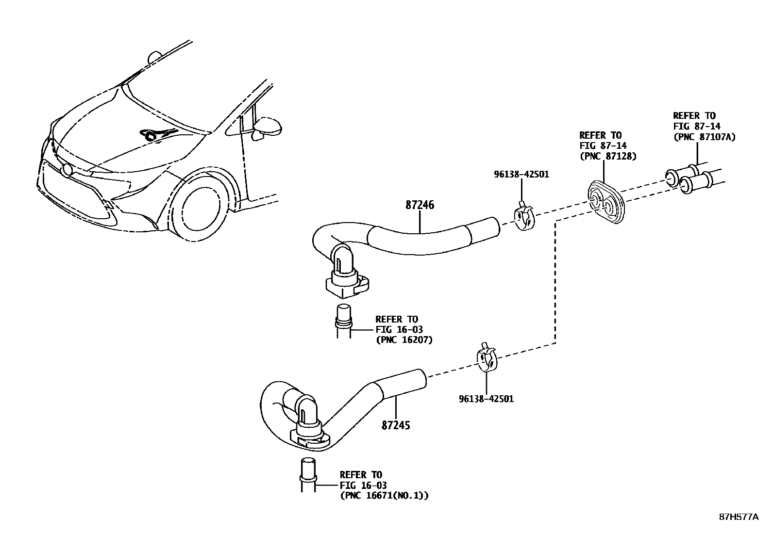 Toyota COROLLA 暖风和空调系统 - 水管 EPC diagram — 87H577A