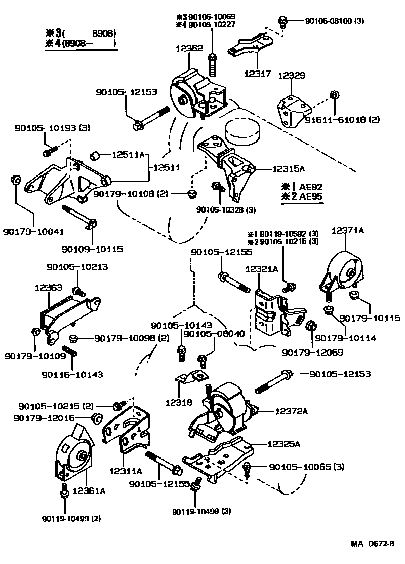 Toyota COROLLA Engine Mounting EPC diagram — MAD672B