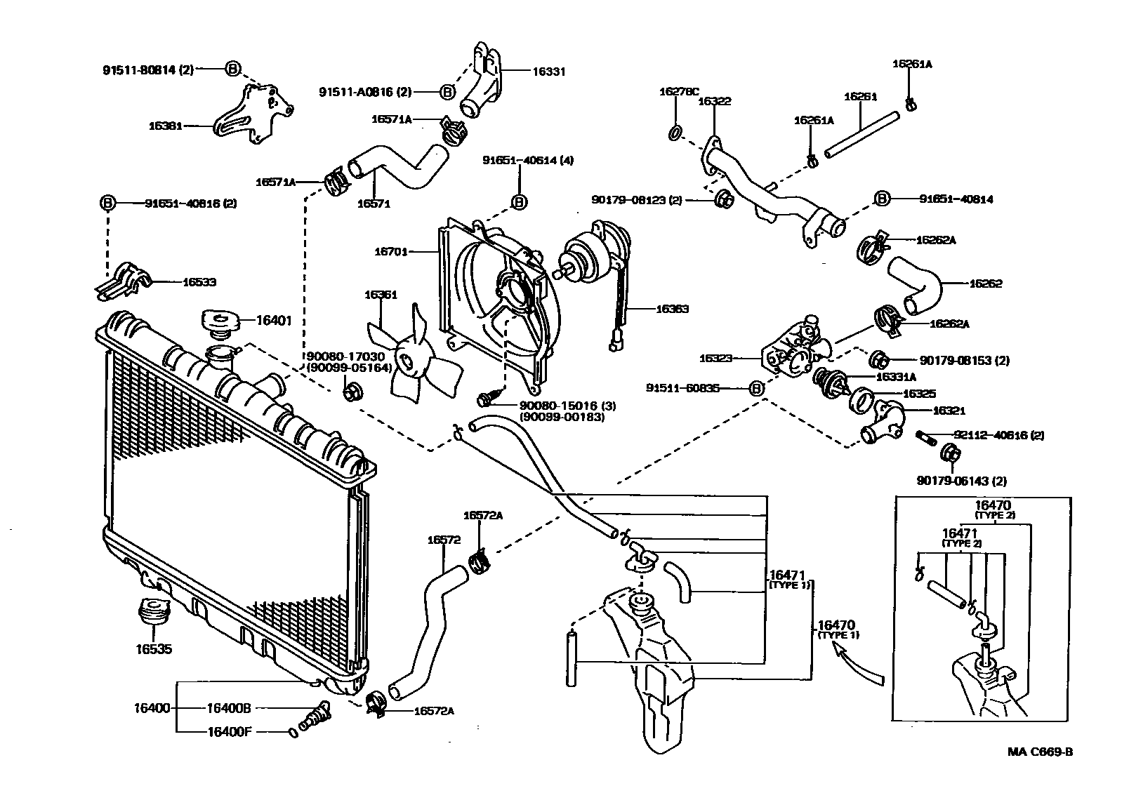 Toyota COROLLA RADIATOR & WATER OUTLET EPC diagram — MAC669B