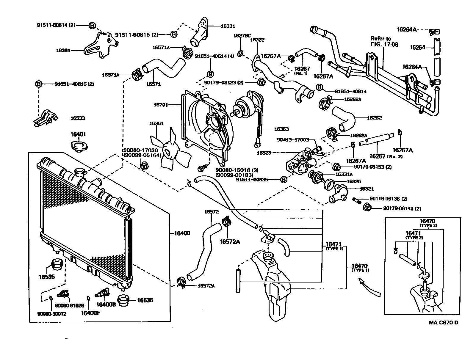 Toyota COROLLA RADIATOR & WATER OUTLET EPC diagram — MAC670D