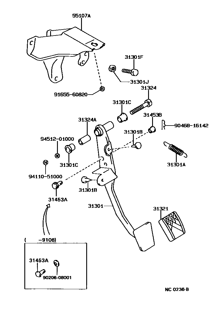 Toyota COROLLA 离合器踏板和挠性软管 EPC diagram — NC0236B