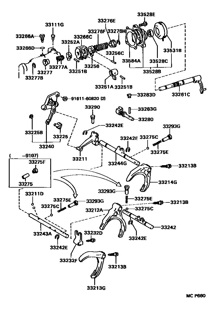Toyota COROLLA 换档拨叉和换档杆轴(MTM) EPC diagram — MCP660