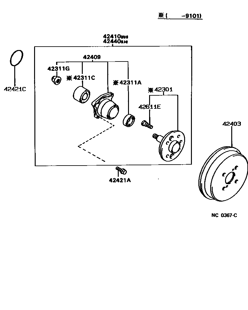 Toyota COROLLA 后桥半轴和后桥轮毂 EPC diagram — NC0367C