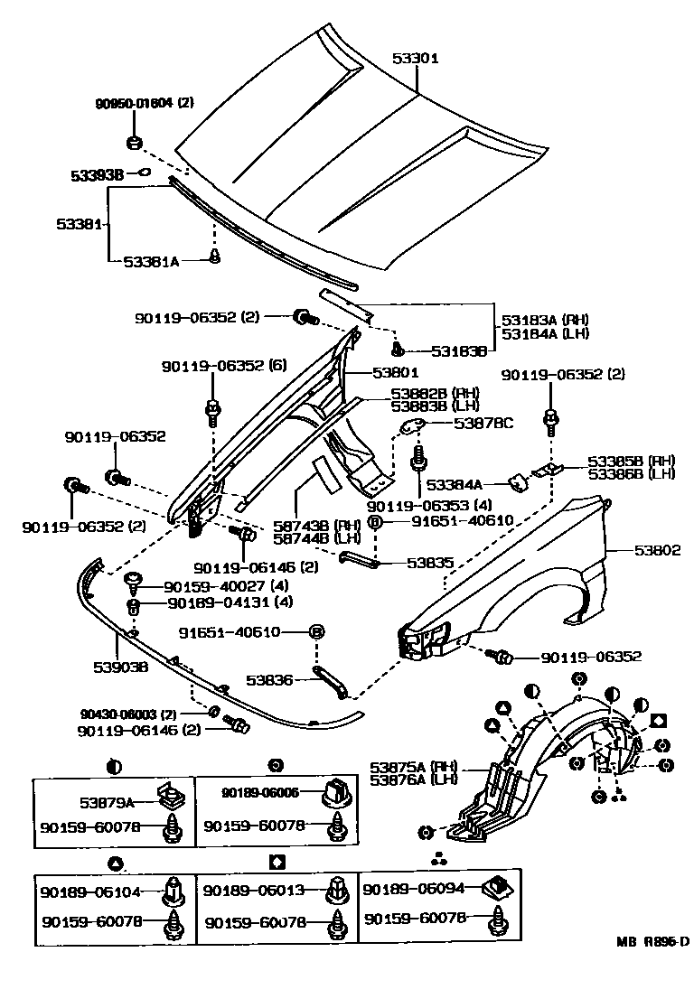 Toyota COROLLA 发动机盖和前翼子板 EPC diagram — MBR895D