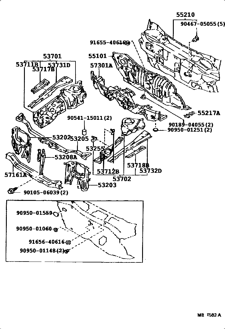 Toyota COROLLA 前翼子板挡泥板和前围板 EPC diagram — 533397