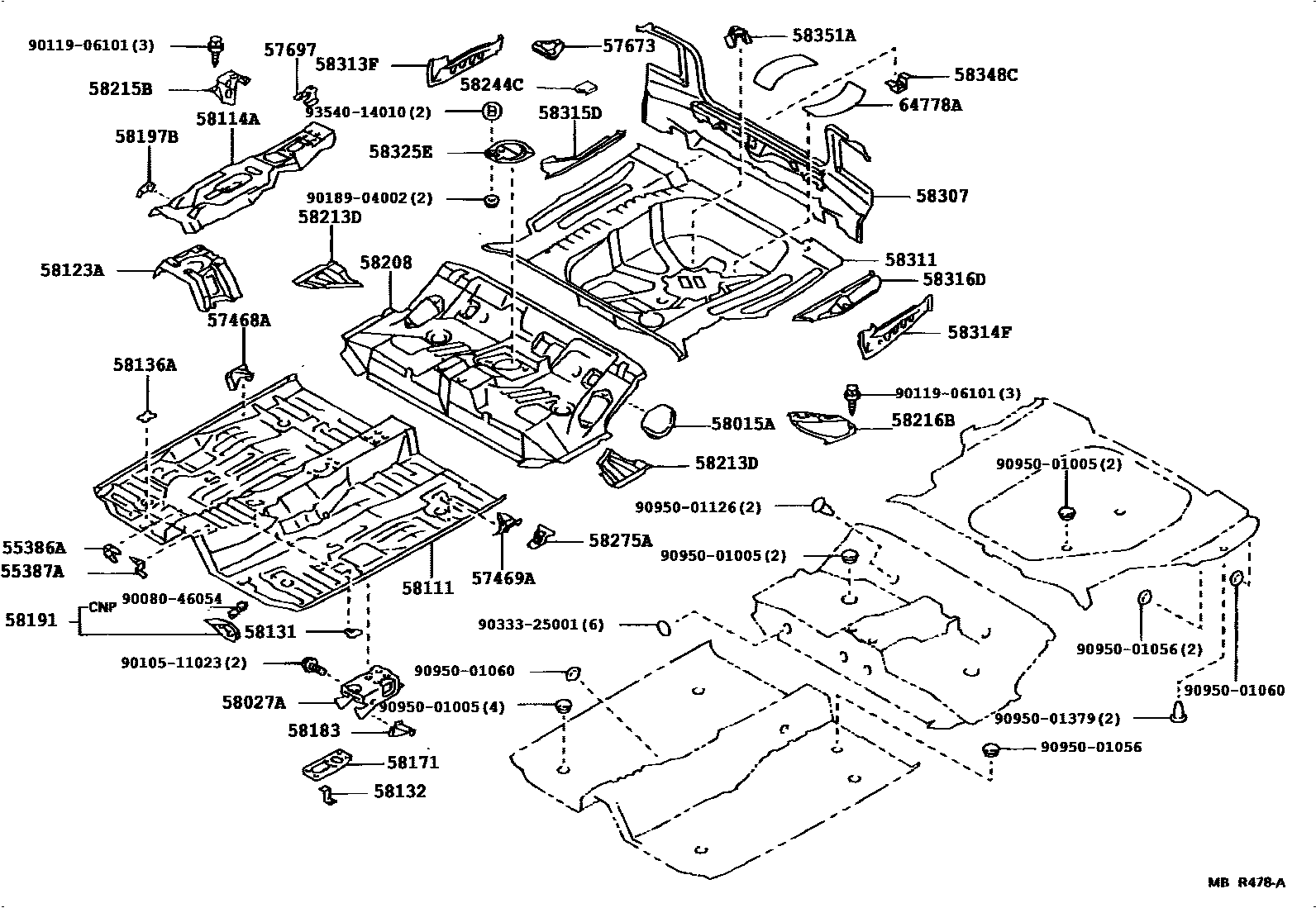 Toyota COROLLA 浅盘形地板和车身下背板 EPC diagram — 584033