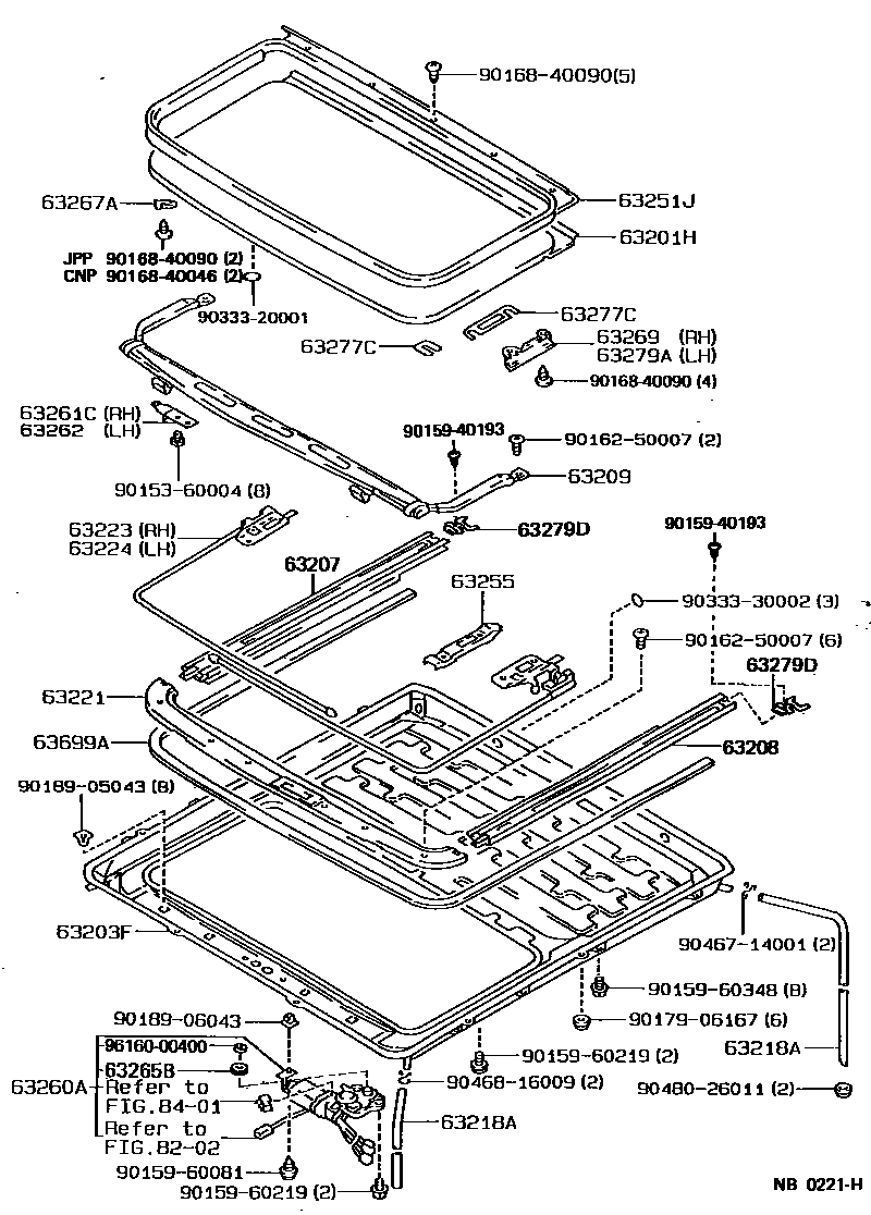 Toyota COROLLA 天窗板和背窗玻璃 EPC diagram — NB0221H