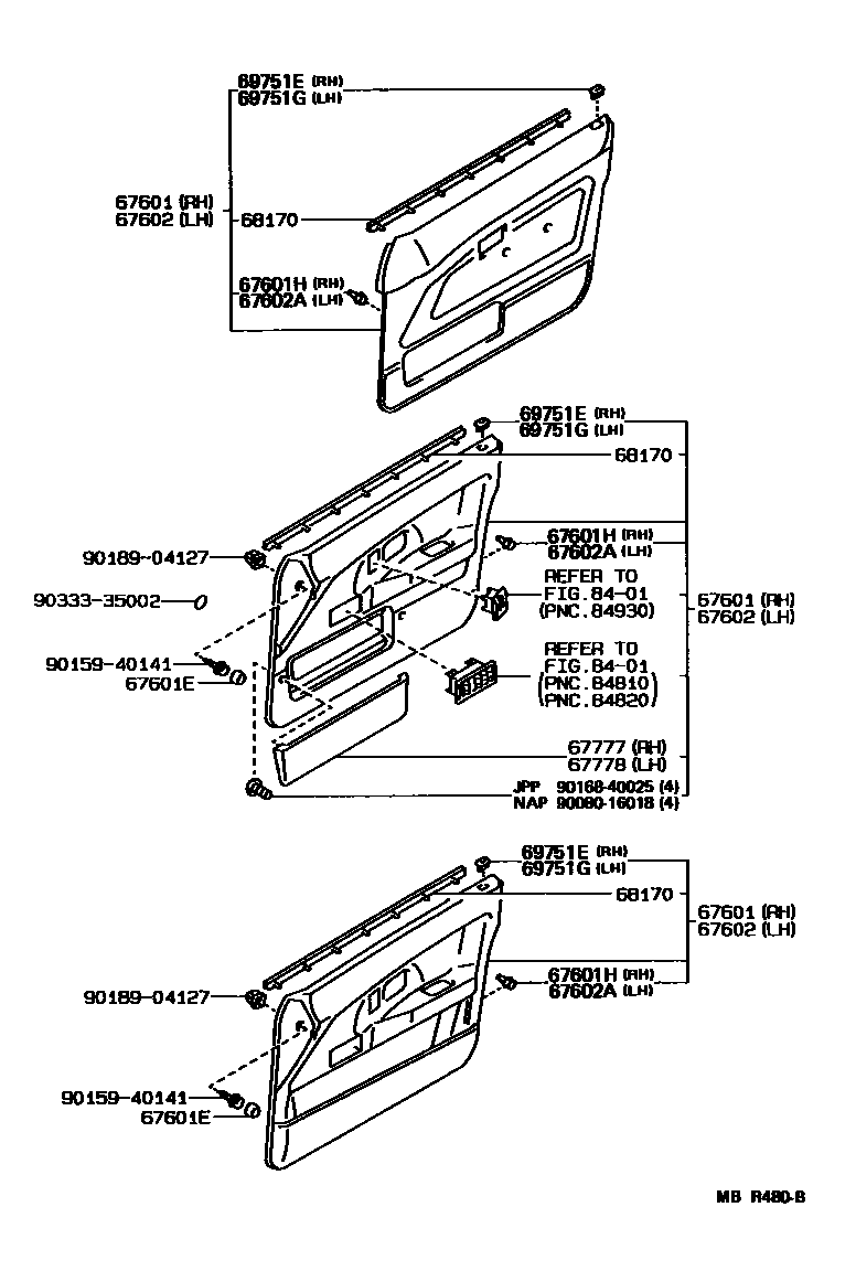 Toyota COROLLA 前门板和前门玻璃 EPC diagram — MBR480B