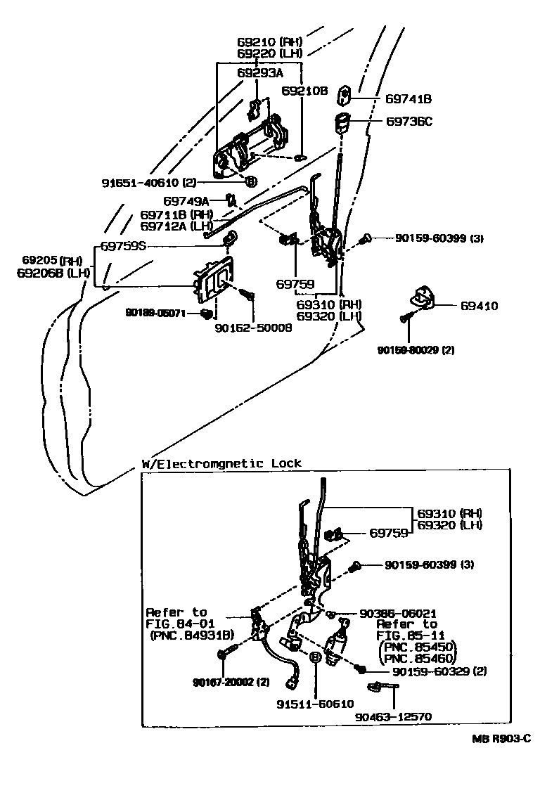 Toyota COROLLA 前门锁和车门把手 EPC diagram — MBR903C