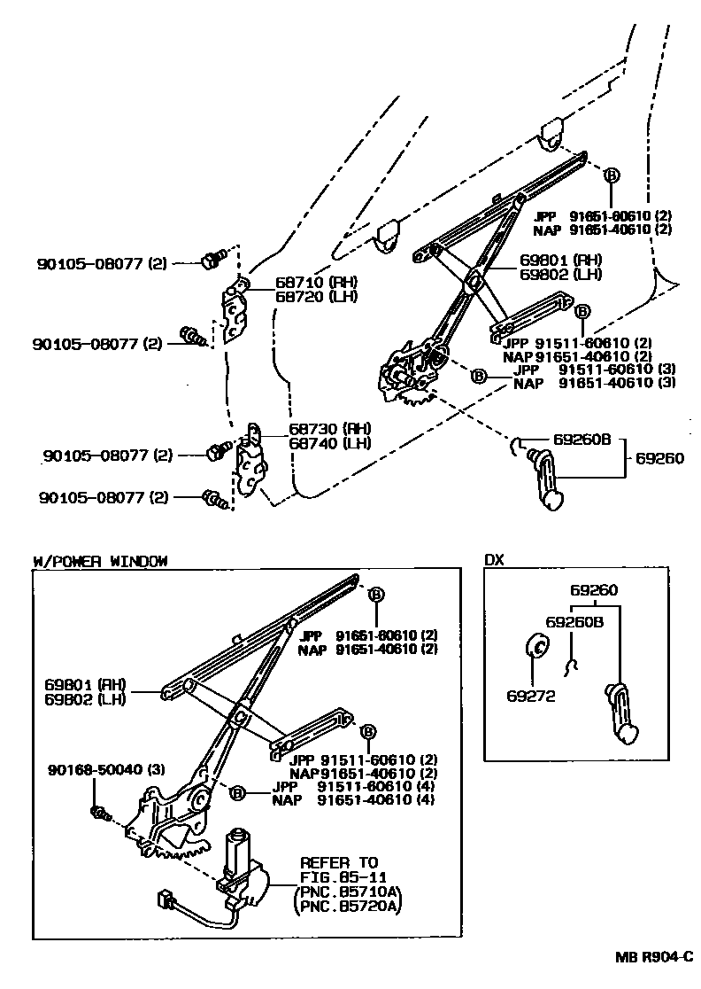Toyota COROLLA 前门车窗升降器和合页 EPC diagram — MBR904C