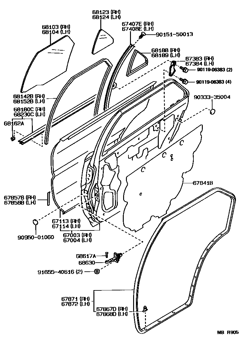 Toyota COROLLA 后门板和后门玻璃 EPC diagram — MBR905
