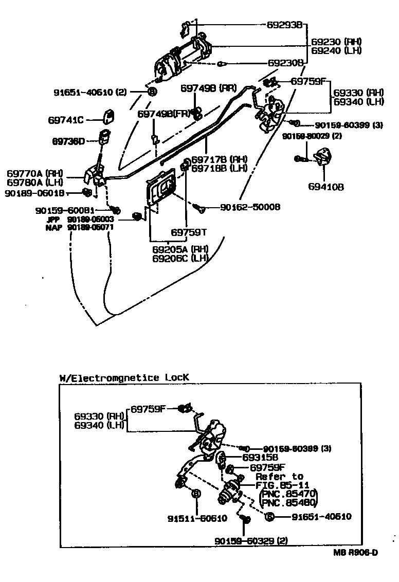 Toyota COROLLA 后门锁和后门把手 EPC diagram — MBR906D