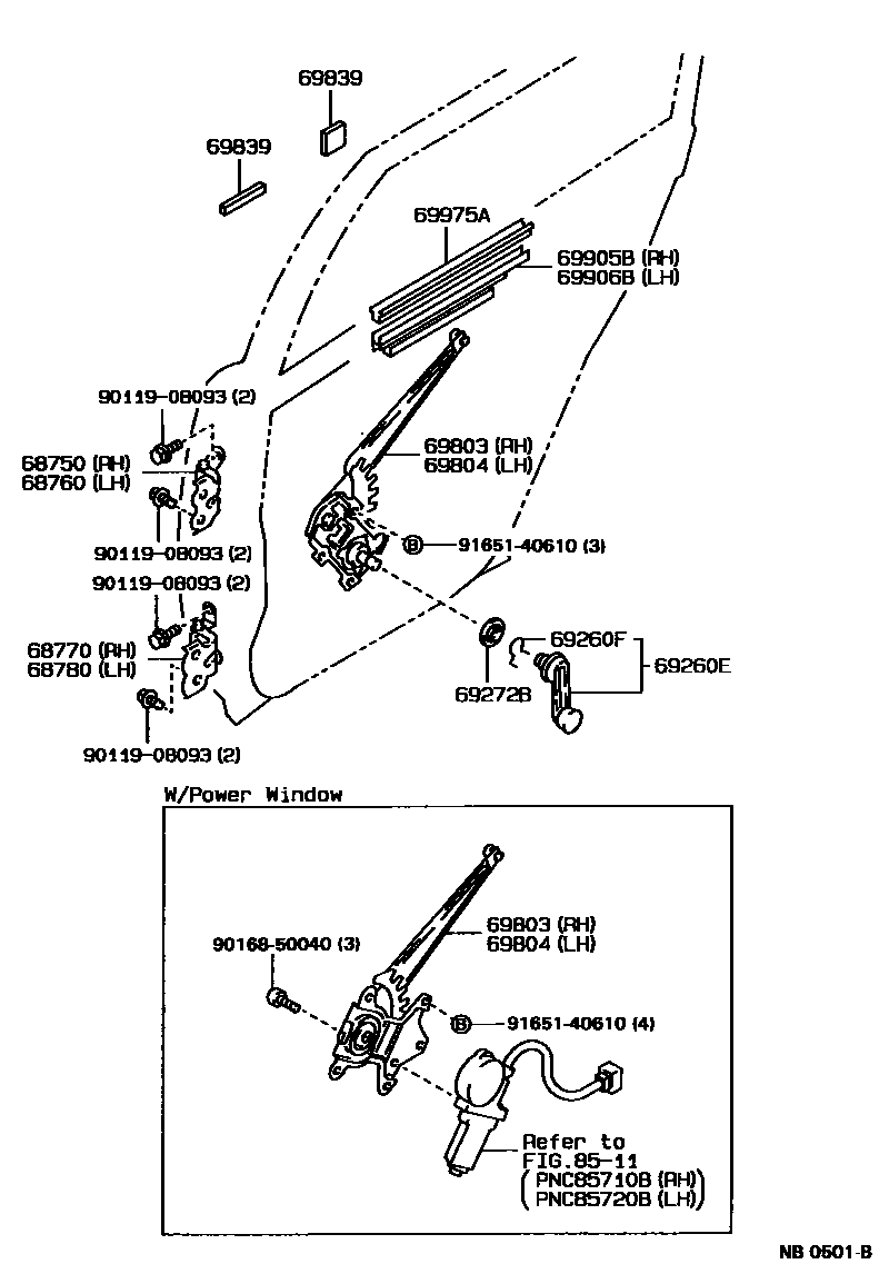 Toyota COROLLA 后门车窗升降器和合页 EPC diagram — NB0501B