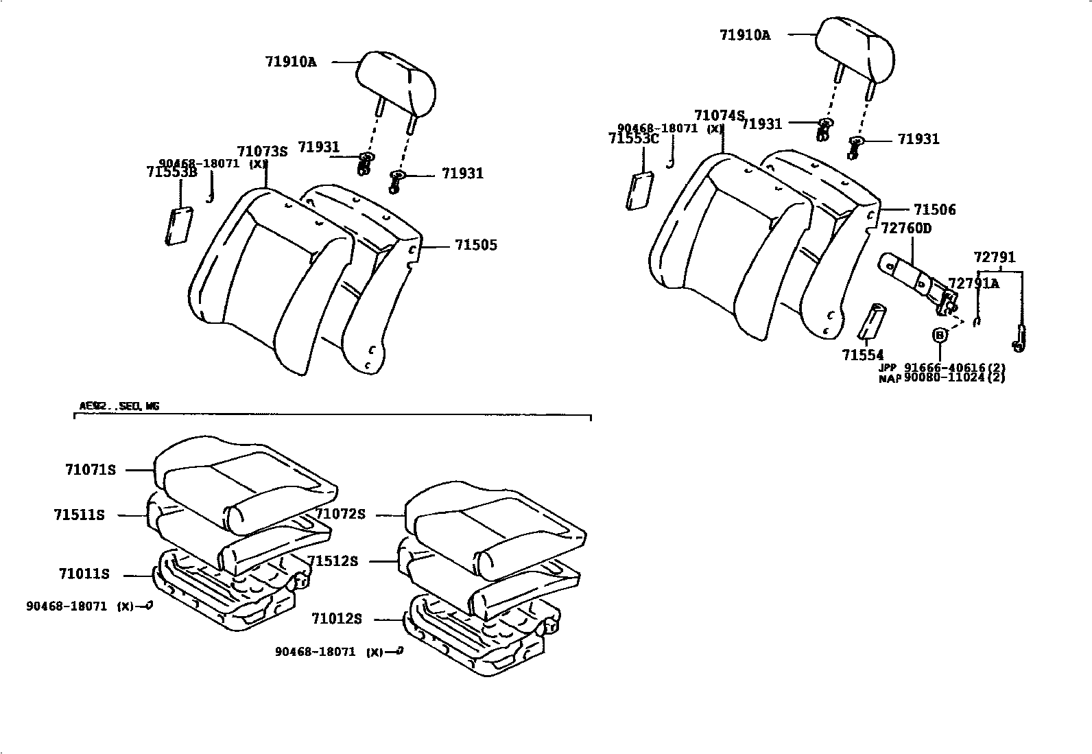 Toyota COROLLA 前排座椅和座椅滑轨 EPC diagram — 717058