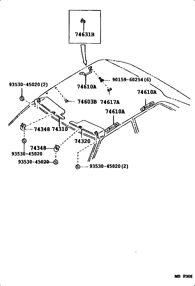 Toyota COROLLA 扶手和遮阳板 EPC diagram — 743085