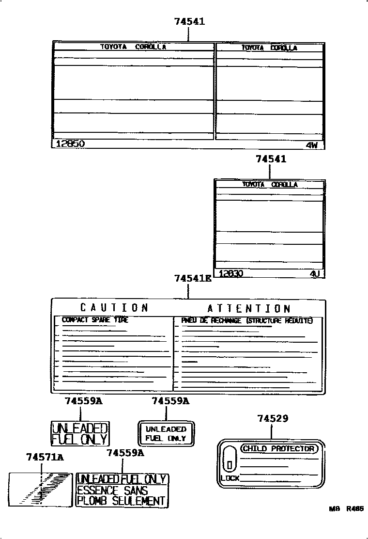 Toyota COROLLA 警示铭牌(车外和车内) EPC diagram — 743046