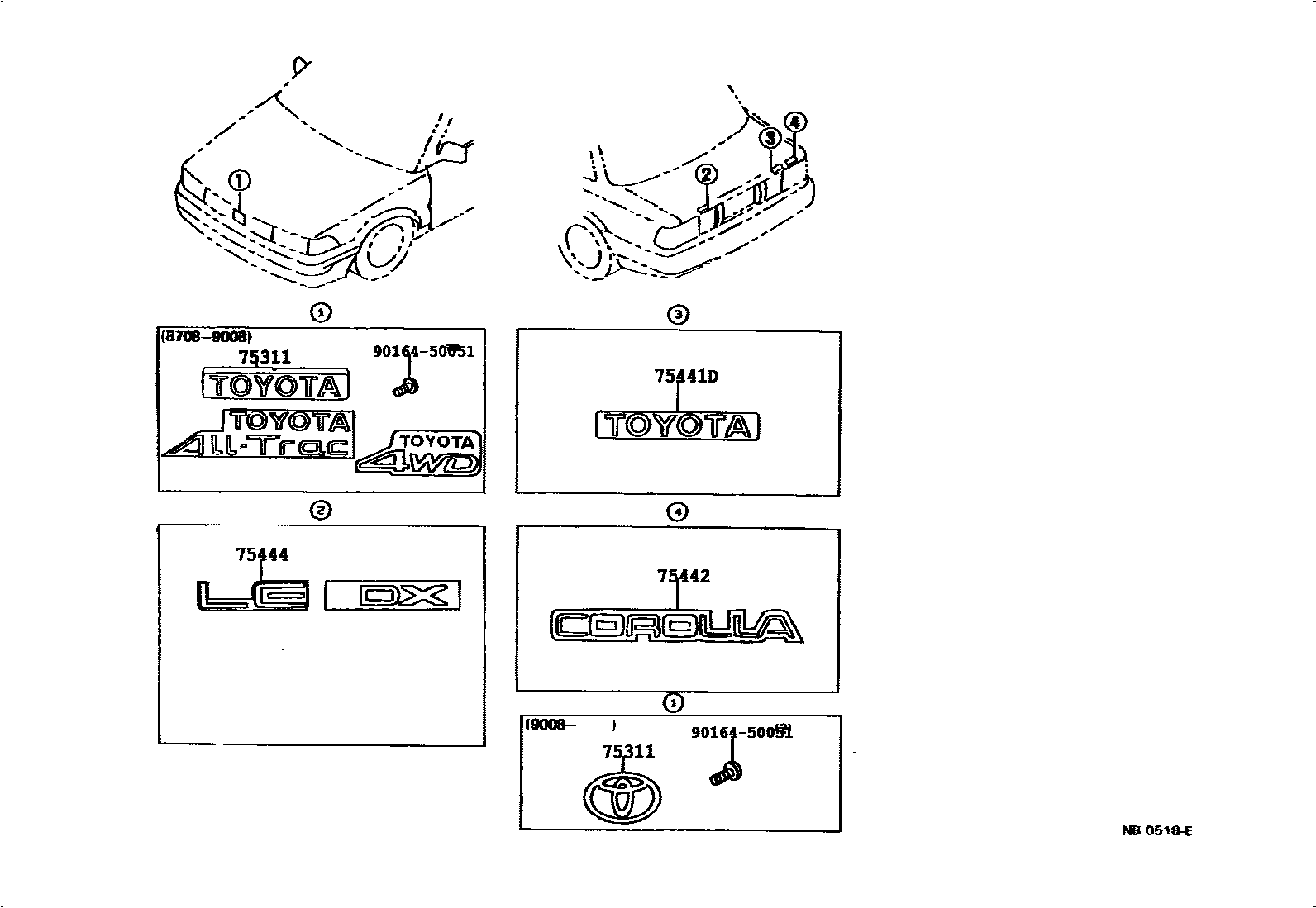 Toyota COROLLA 丰田徽标和铭牌(车外和车内) EPC diagram — 752434