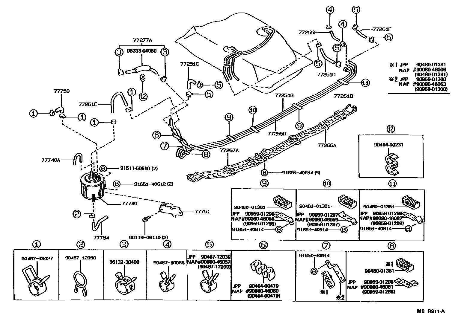 Toyota COROLLA 燃油箱和燃油管 EPC diagram — MBR911A