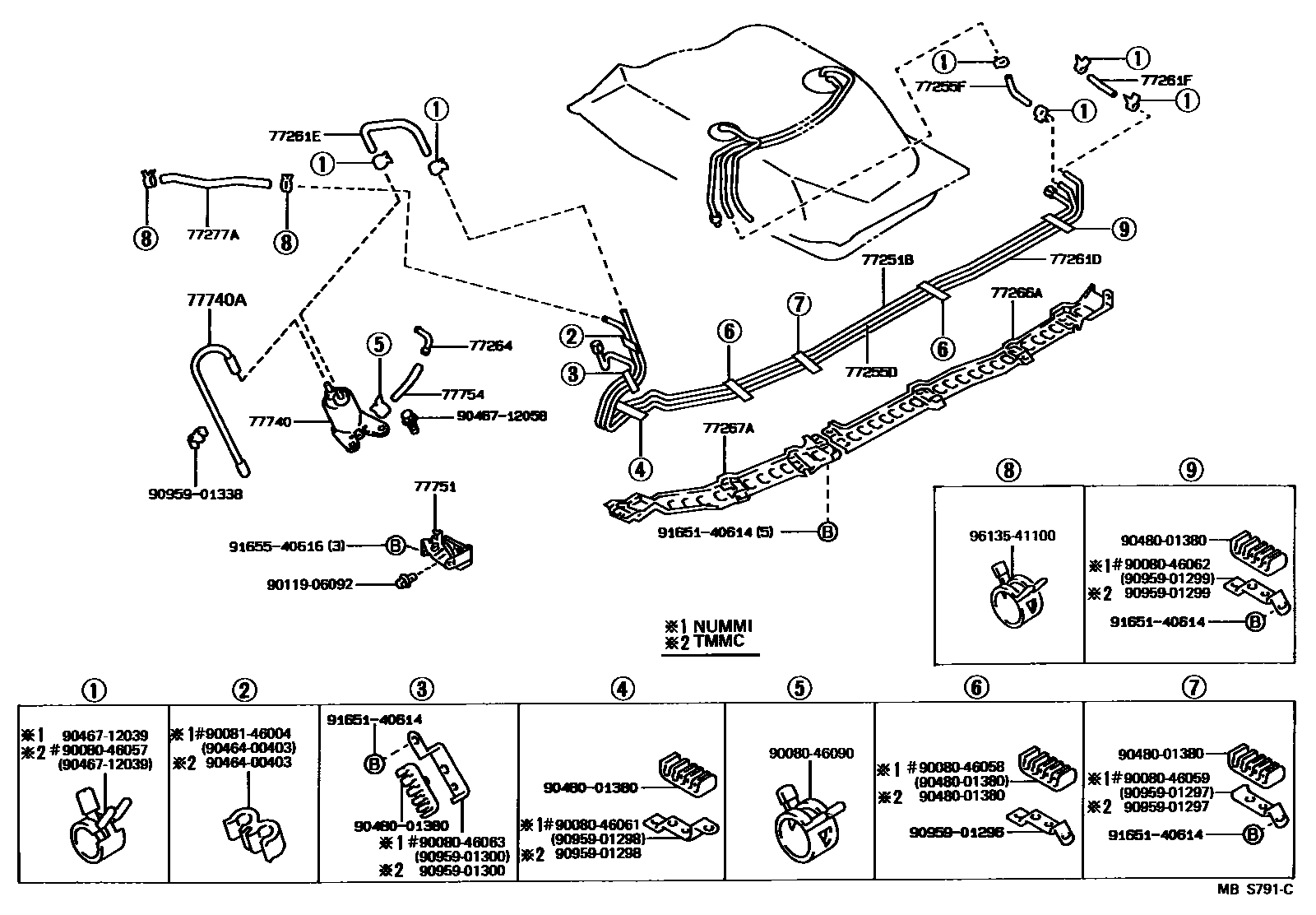 Toyota COROLLA 燃油箱和燃油管 EPC diagram — MBS791C